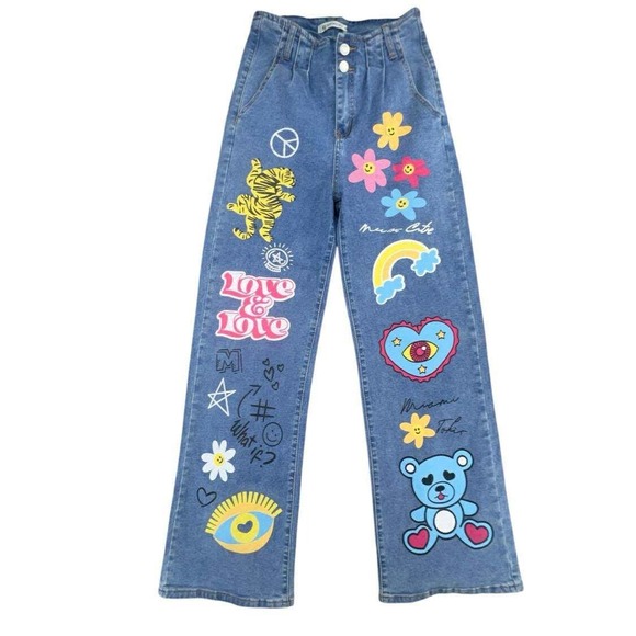 Miss Mia Mia Jeans Medium Wash Wide Leg Cartoon Graphic Painted Denim Pants - Picture 1 of 16